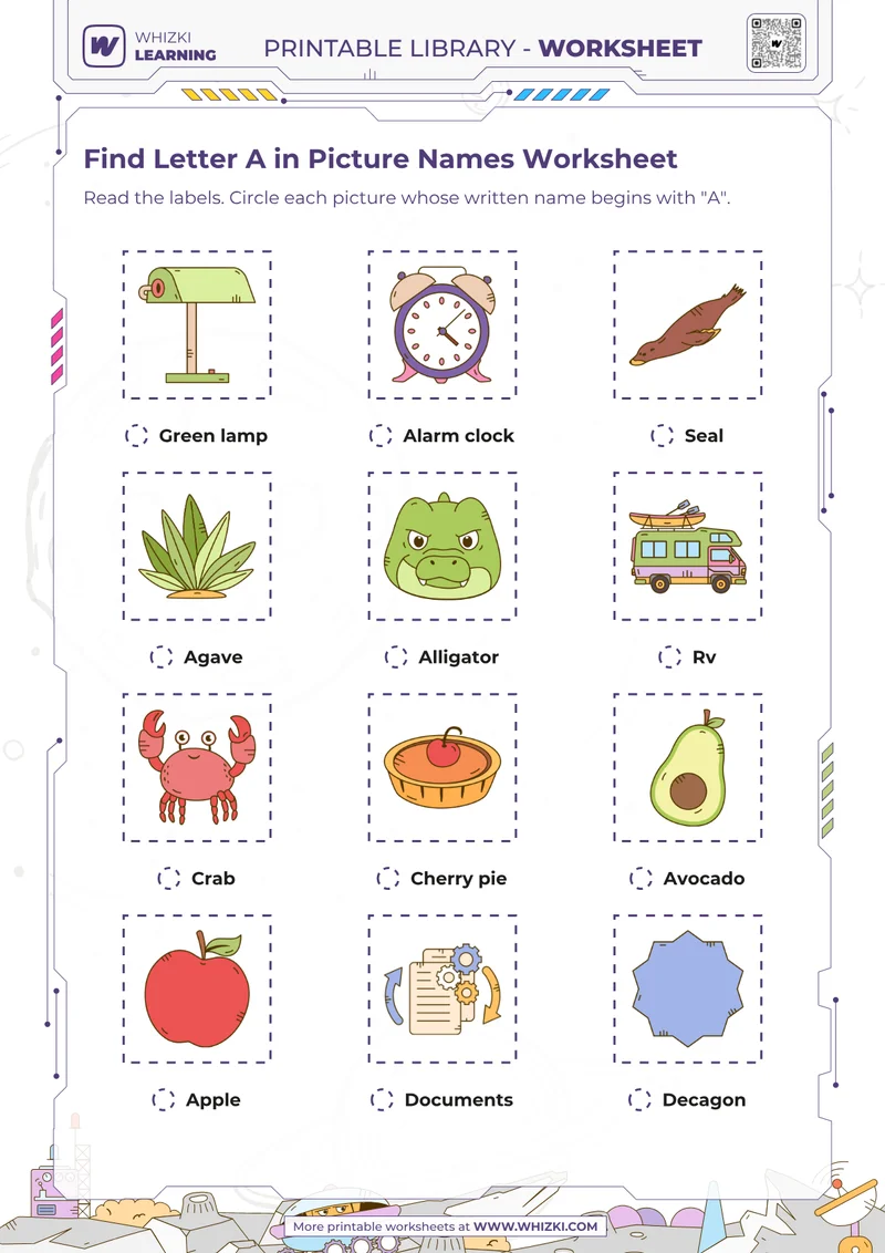 Find Letter A in Picture Names Worksheet