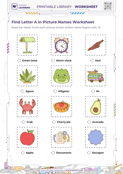 Find Letter A in Picture Names Worksheet