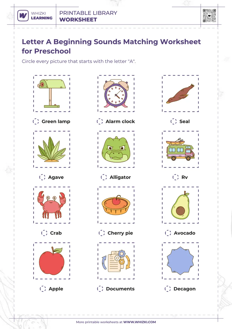 Letter A Beginning Sounds Matching Worksheet for Preschool
