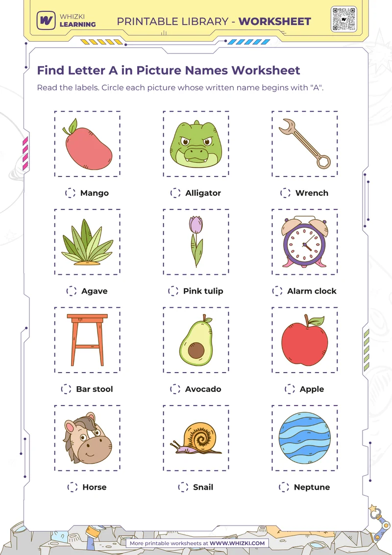 Find Letter A in Picture Names Worksheet