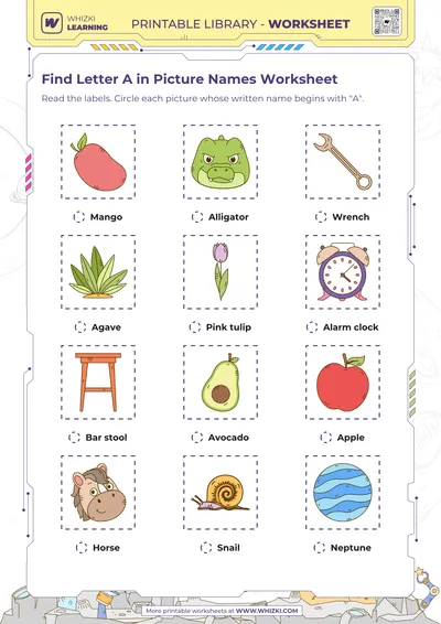 Find Letter A in Picture Names Worksheet