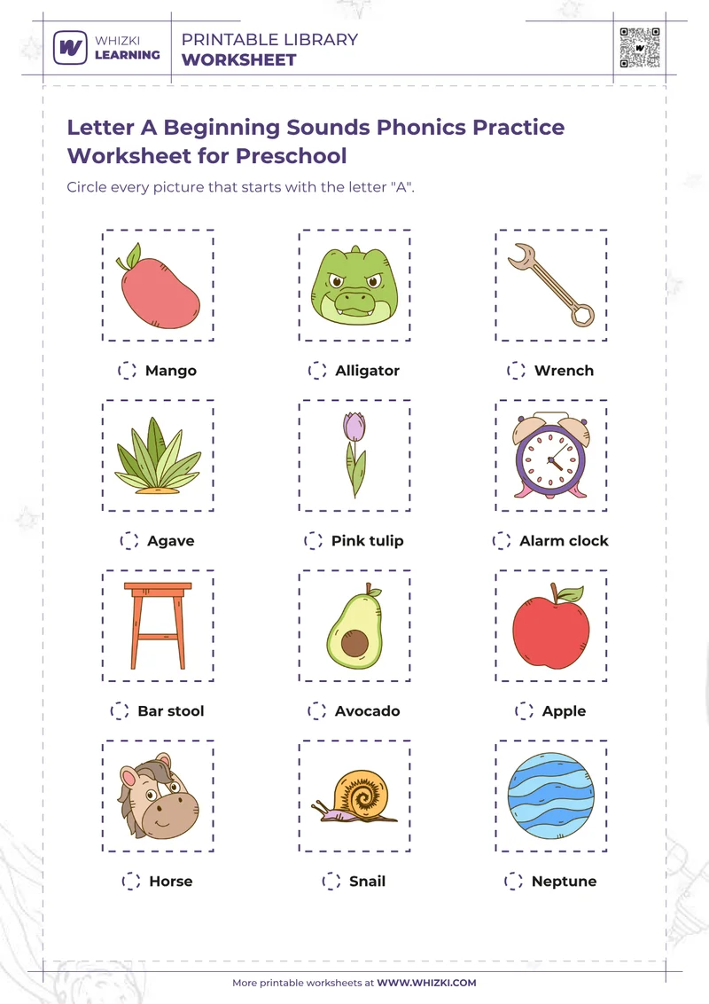 Letter A Beginning Sounds Phonics Practice Worksheet for Preschool