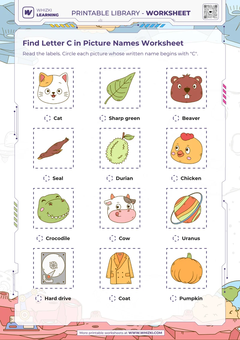 Find Letter C in Picture Names Worksheet