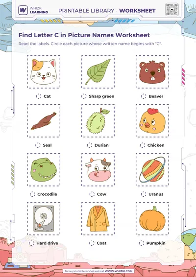 Find Letter C in Picture Names Worksheet