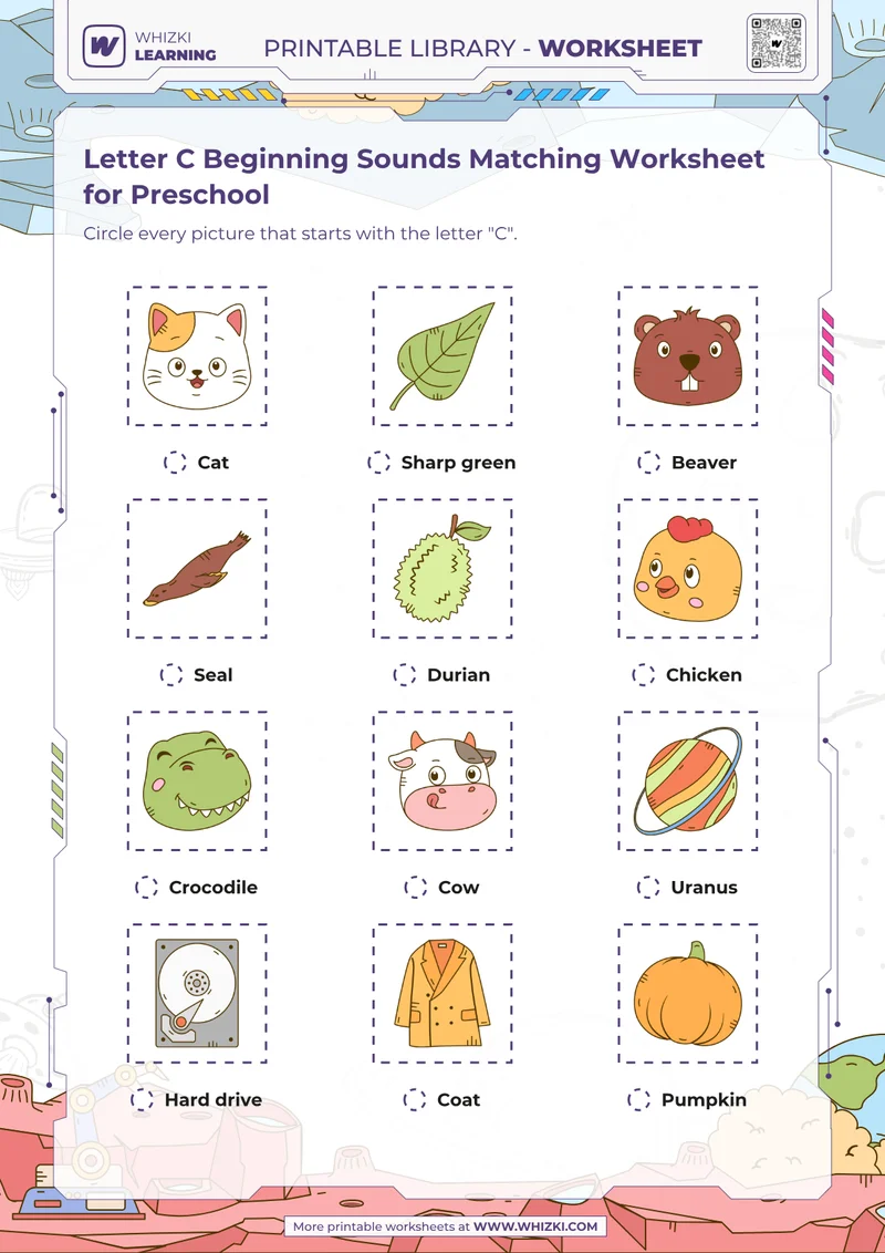 Letter C Beginning Sounds Matching Worksheet for Preschool