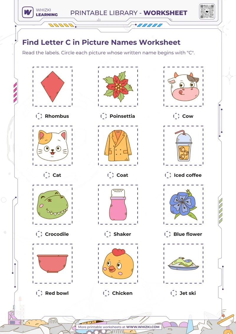 Find Letter C in Picture Names Worksheet