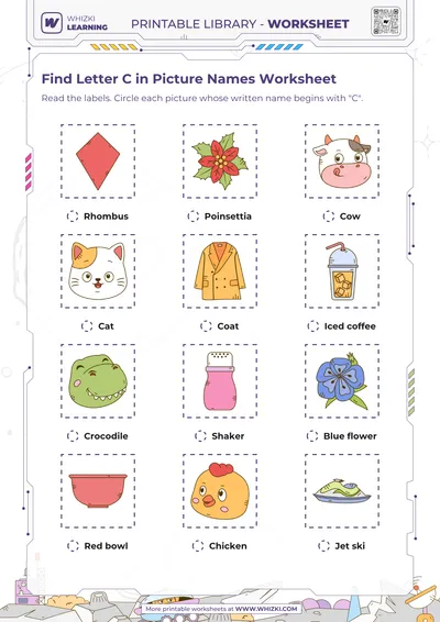 Find Letter C in Picture Names Worksheet