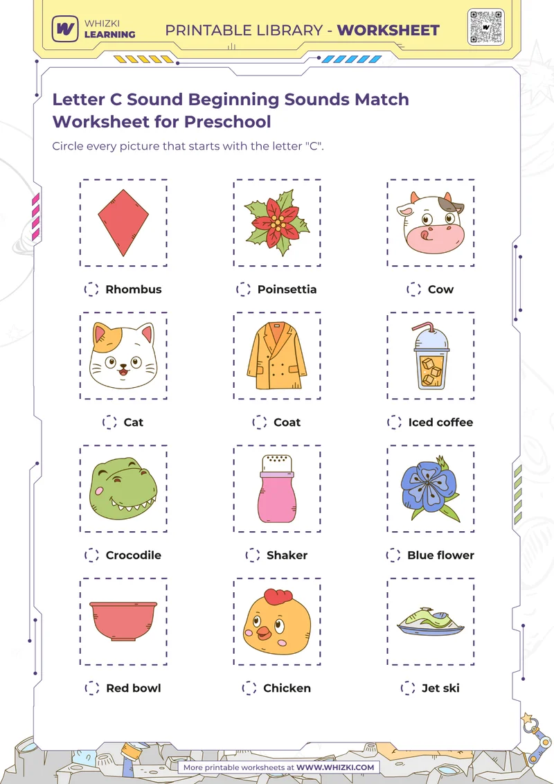 Letter C Sound Beginning Sounds Match Worksheet for Preschool