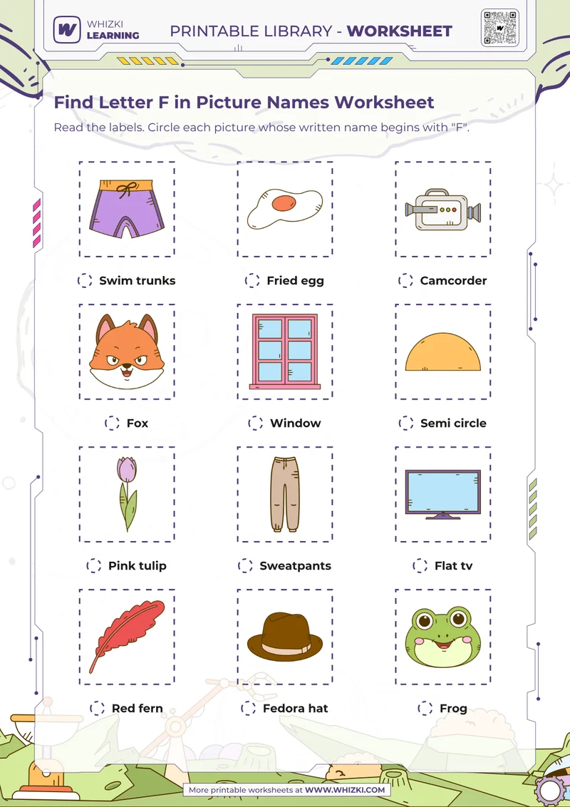 Find Letter F in Picture Names Worksheet