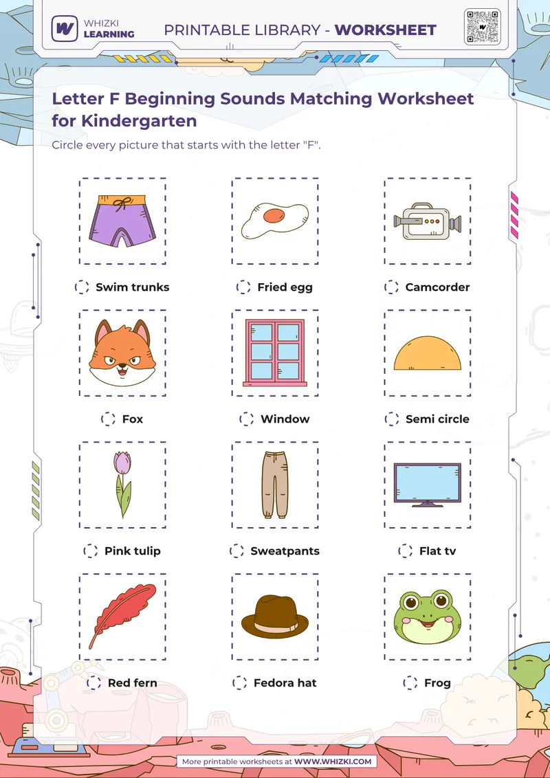 Letter F Beginning Sounds Matching Worksheet for Kindergarten