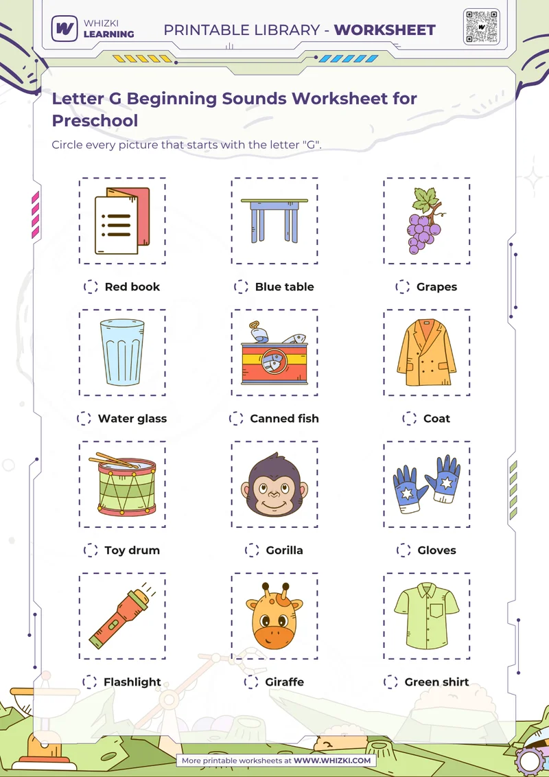 Letter G Beginning Sounds Worksheet for Preschool