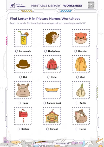 Find Letter H in Picture Names Worksheet