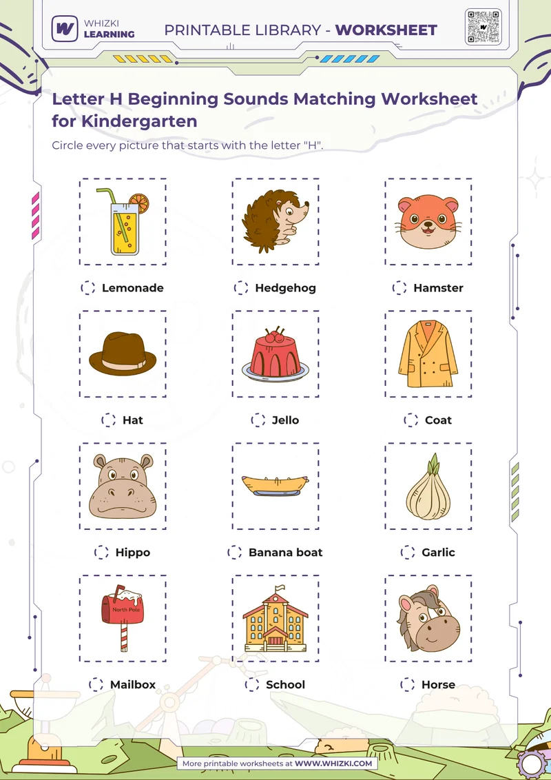 Letter H Beginning Sounds Matching Worksheet for Kindergarten