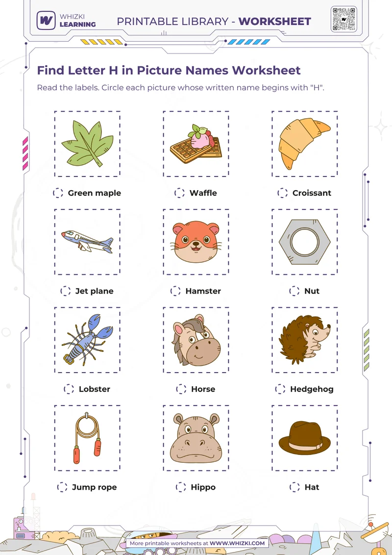 Find Letter H in Picture Names Worksheet