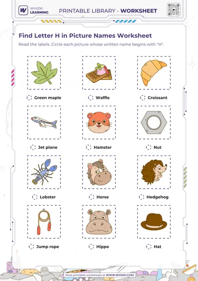 Find Letter H in Picture Names Worksheet