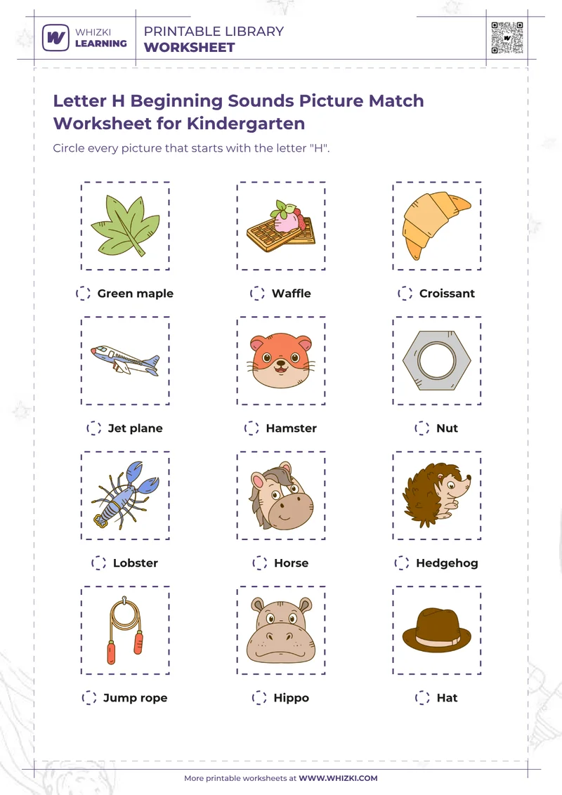 Letter H Beginning Sounds Picture Match Worksheet for Kindergarten