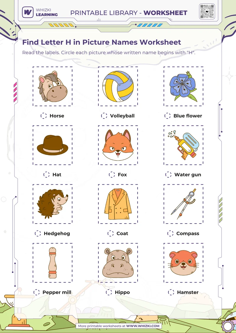 Find Letter H in Picture Names Worksheet