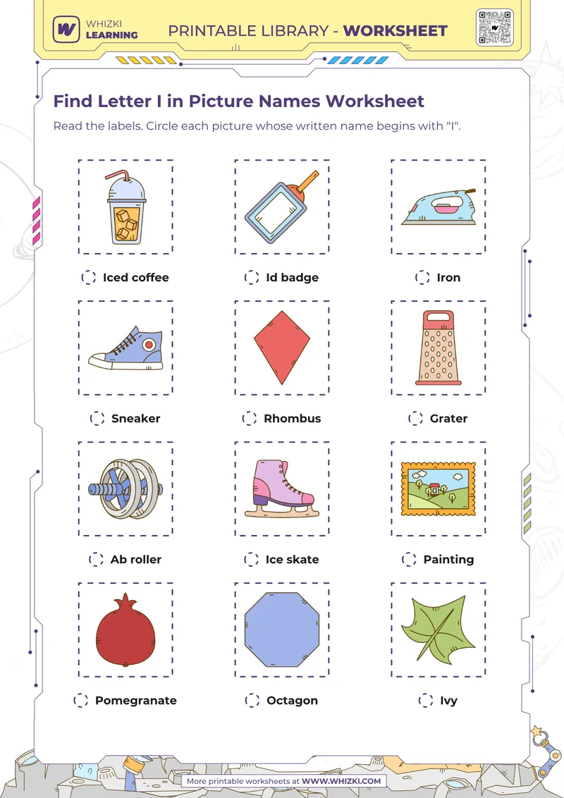Find Letter I in Picture Names Worksheet