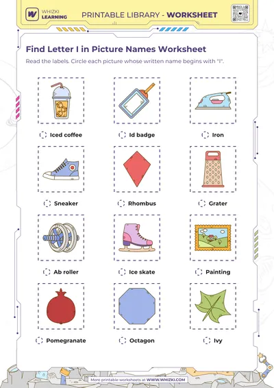 Find Letter I in Picture Names Worksheet