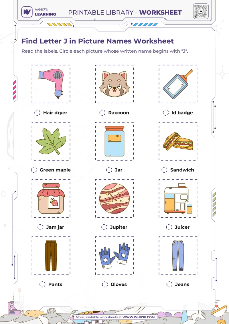 Find Letter J in Picture Names Worksheet