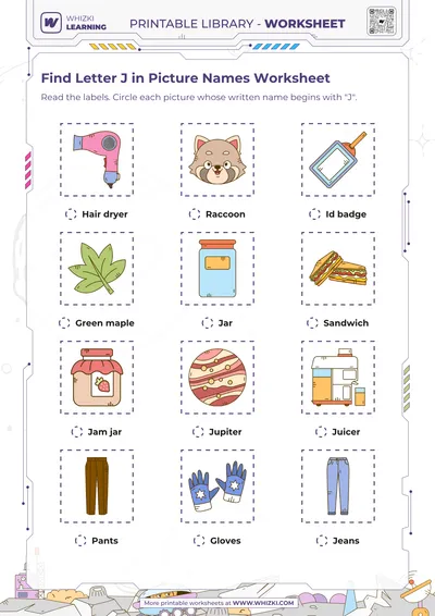 Find Letter J in Picture Names Worksheet