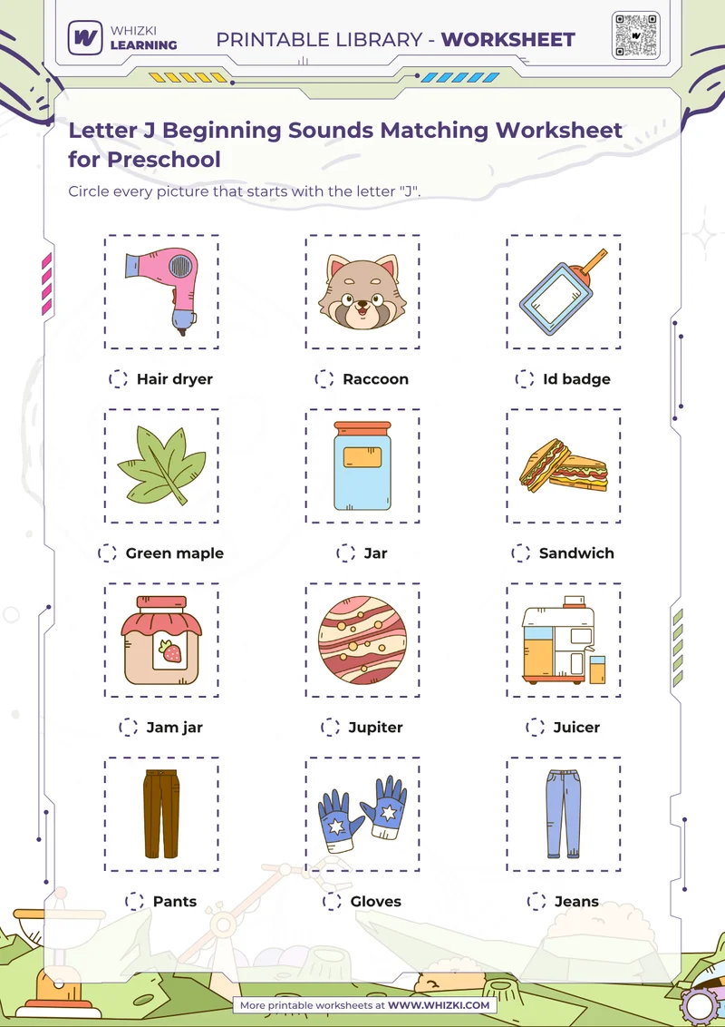 Letter J Beginning Sounds Matching Worksheet for Preschool