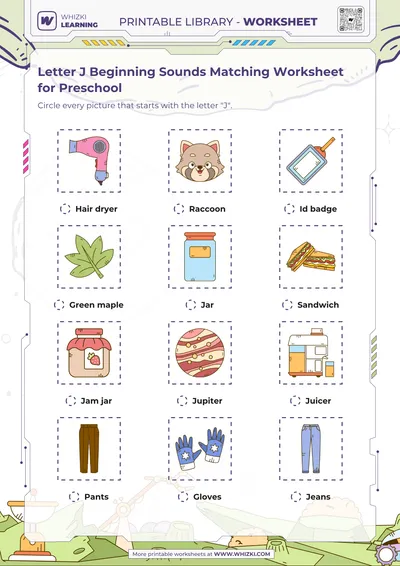 Letter J Beginning Sounds Matching Worksheet for Preschool