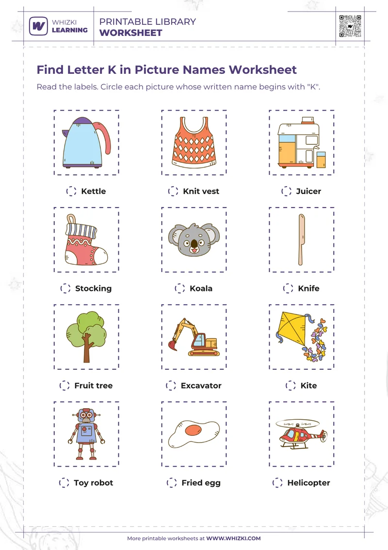 Find Letter K in Picture Names Worksheet