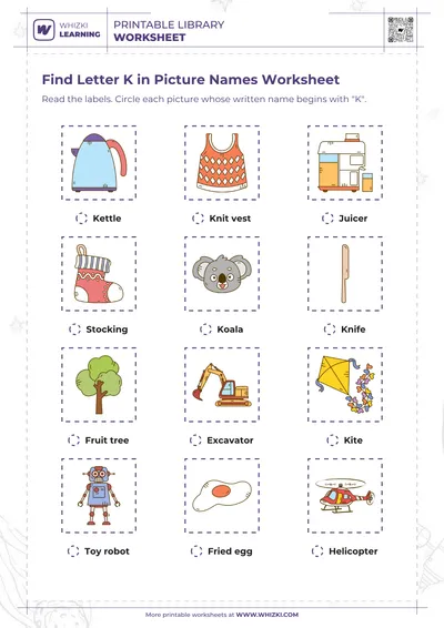 Find Letter K in Picture Names Worksheet