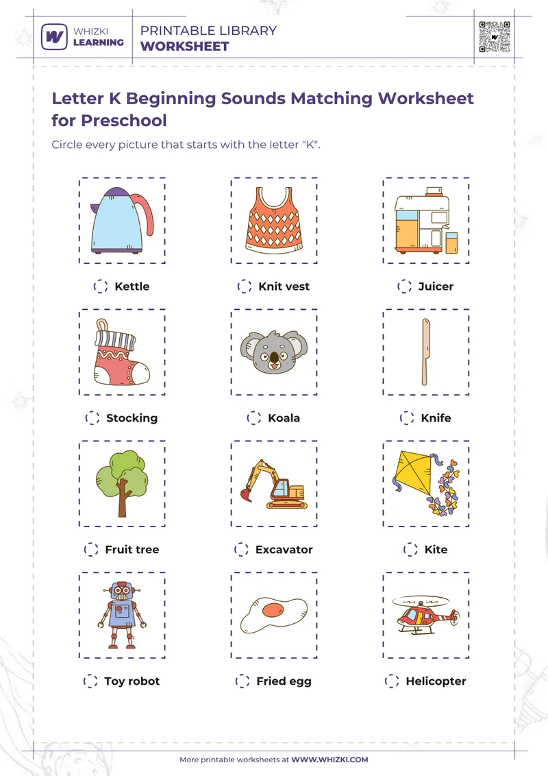 Letter K Beginning Sounds Matching Worksheet for Preschool
