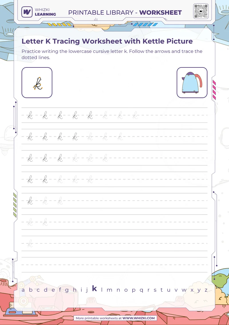 Letter K Tracing Worksheet with Kettle Picture