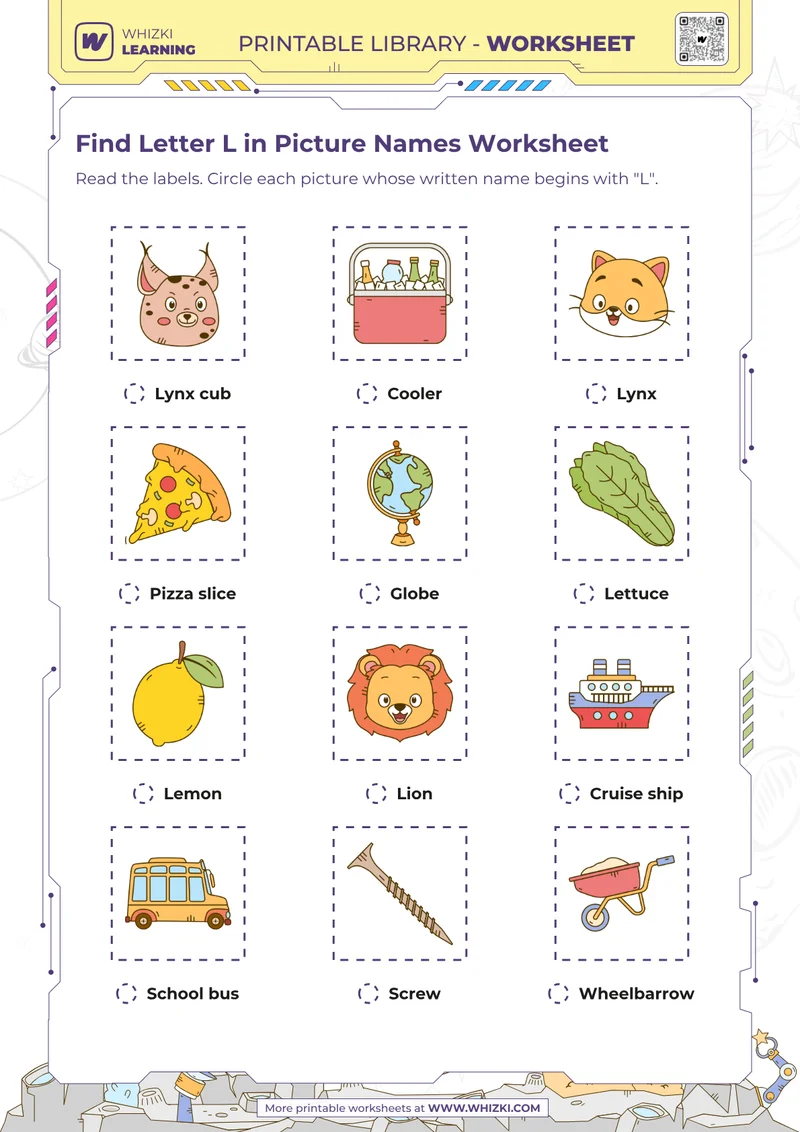Find Letter L in Picture Names Worksheet