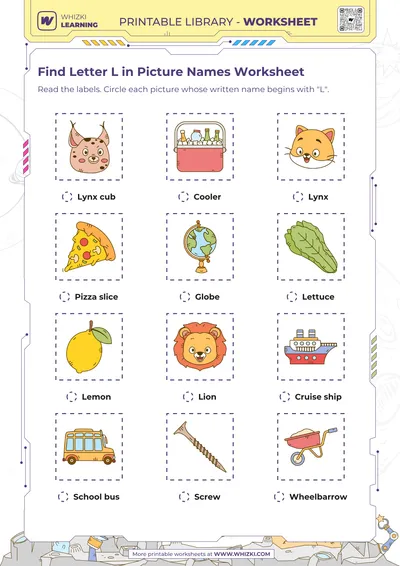 Find Letter L in Picture Names Worksheet