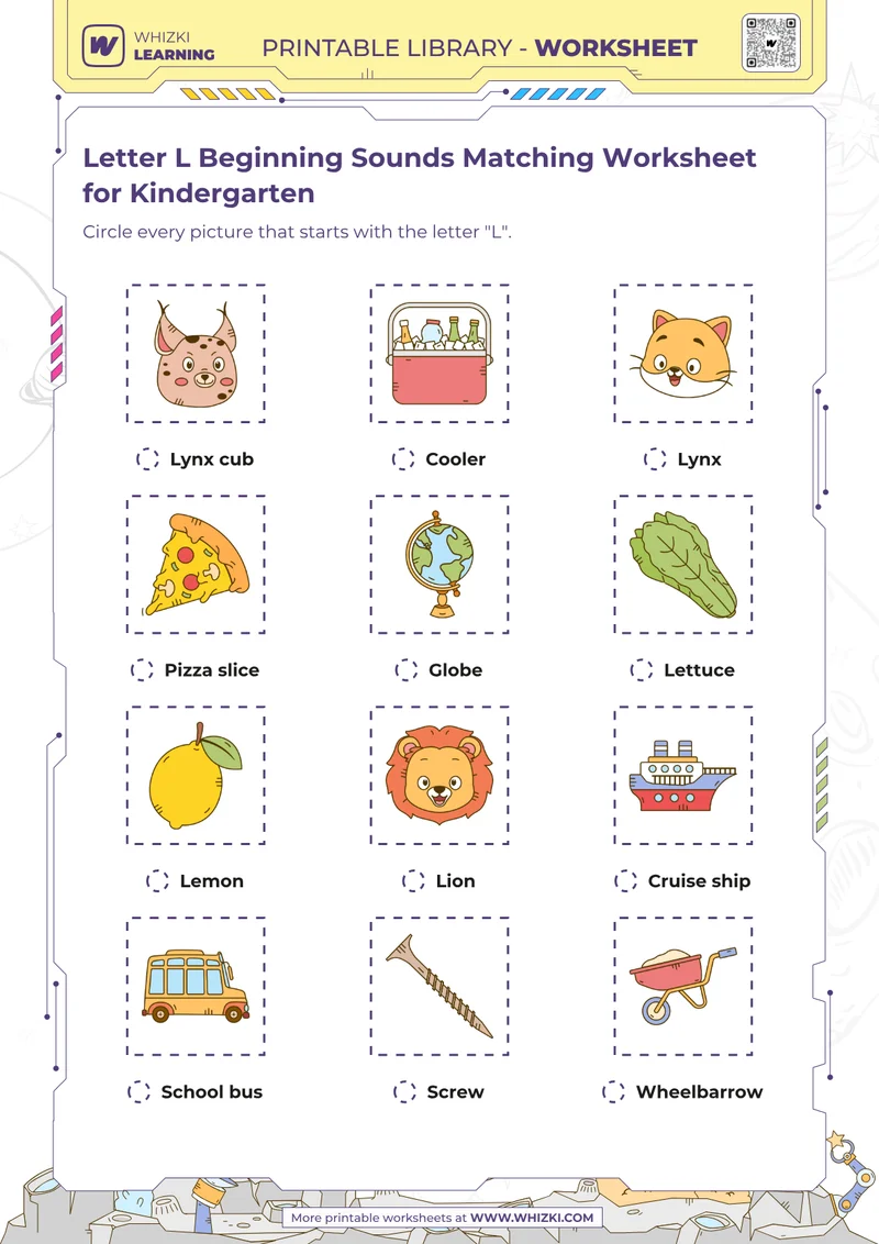 Letter L Beginning Sounds Matching Worksheet for Kindergarten