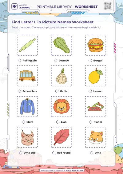 Find Letter L in Picture Names Worksheet