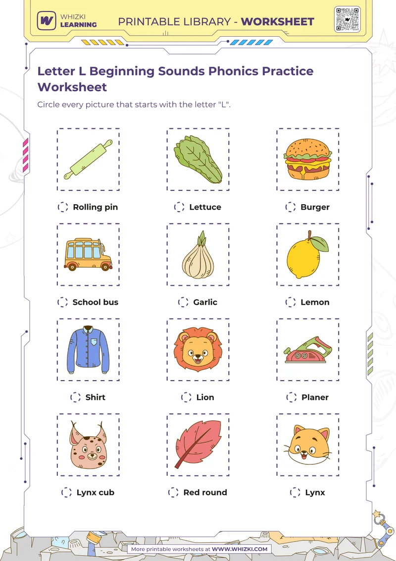 Letter L Beginning Sounds Phonics Practice Worksheet