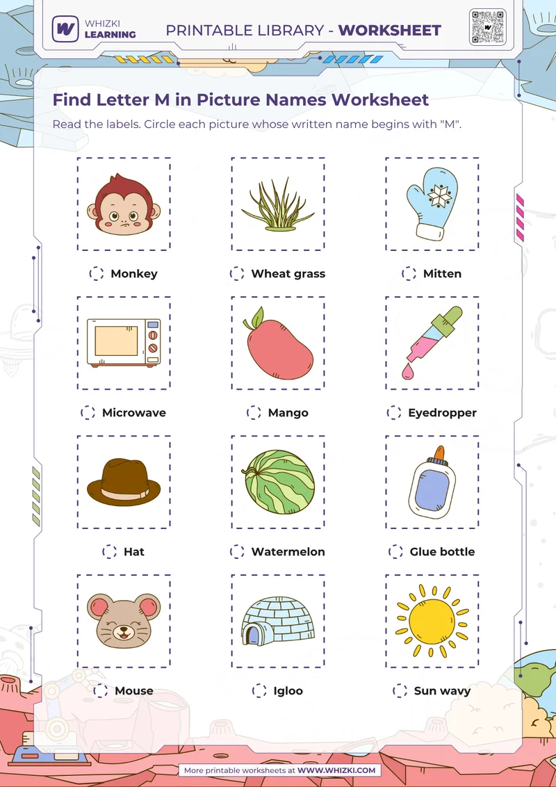 Find Letter M in Picture Names Worksheet