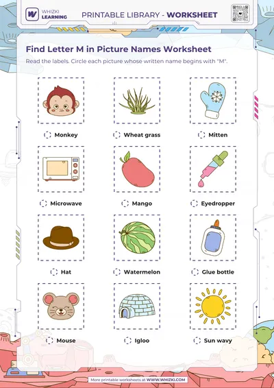 Find Letter M in Picture Names Worksheet