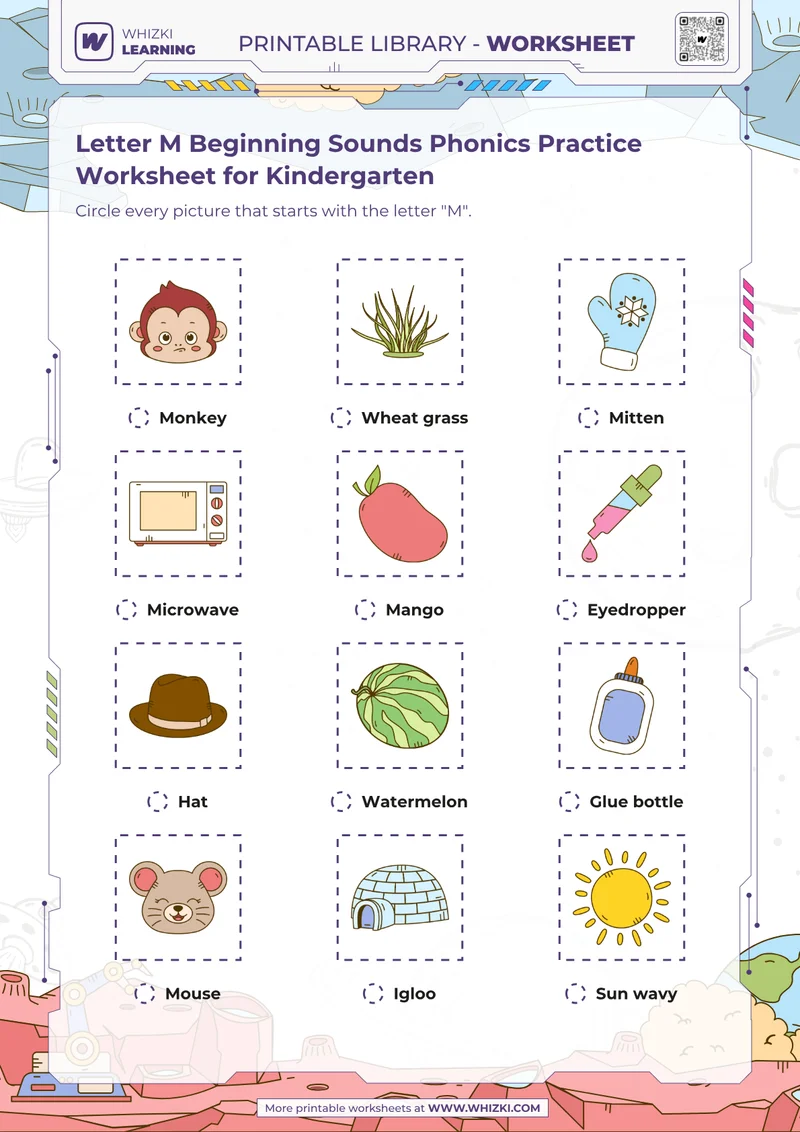 Letter M Beginning Sounds Phonics Practice Worksheet for Kindergarten