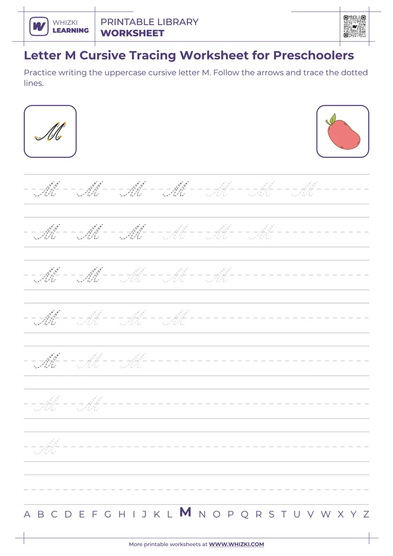 Letter M Cursive Tracing Worksheet for Preschoolers