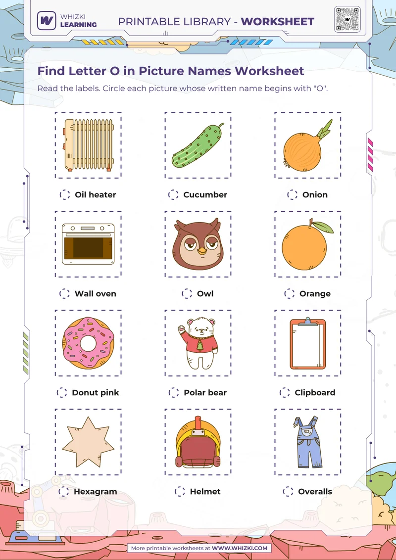 Find Letter O in Picture Names Worksheet