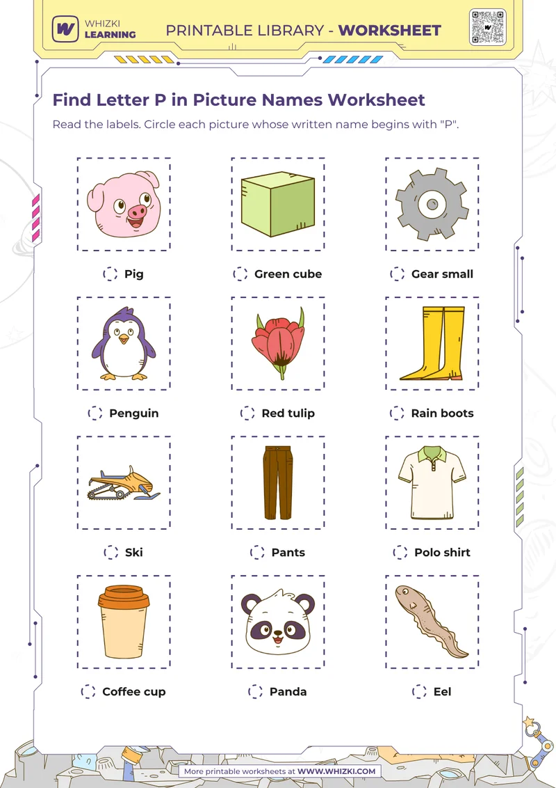 Find Letter P in Picture Names Worksheet