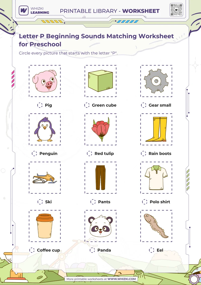 Letter P Beginning Sounds Matching Worksheet for Preschool