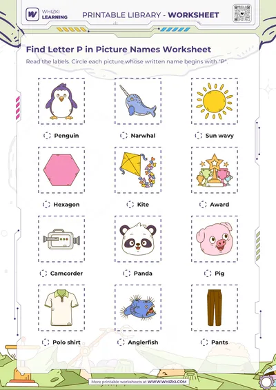 Find Letter P in Picture Names Worksheet
