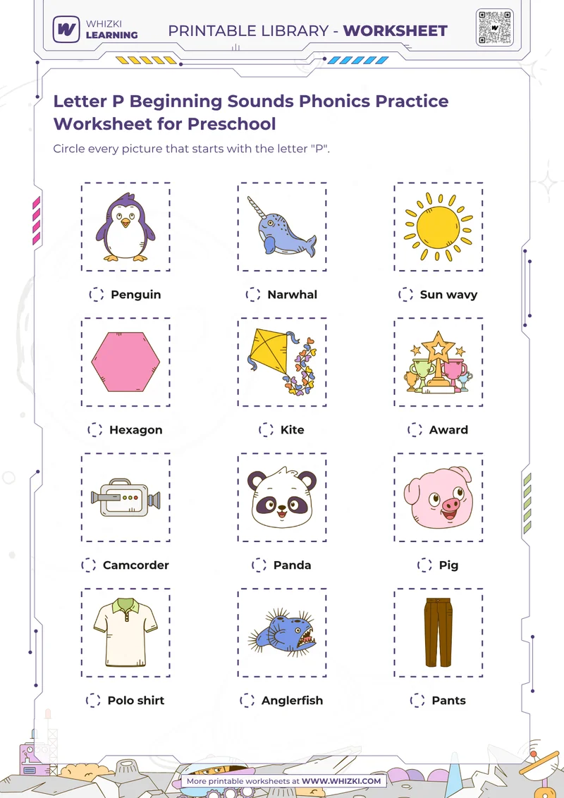 Letter P Beginning Sounds Phonics Practice Worksheet for Preschool