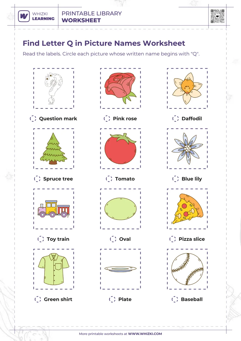Find Letter Q in Picture Names Worksheet