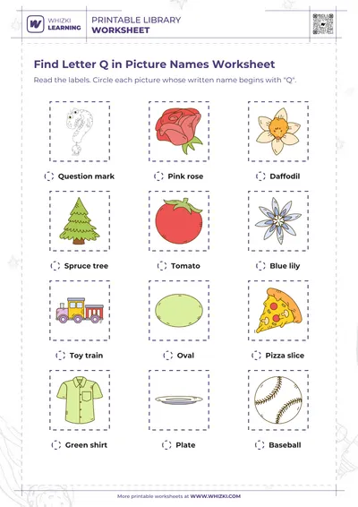 Find Letter Q in Picture Names Worksheet