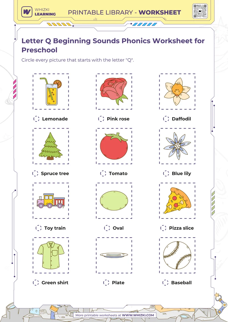 Letter Q Beginning Sounds Phonics Worksheet for Preschool