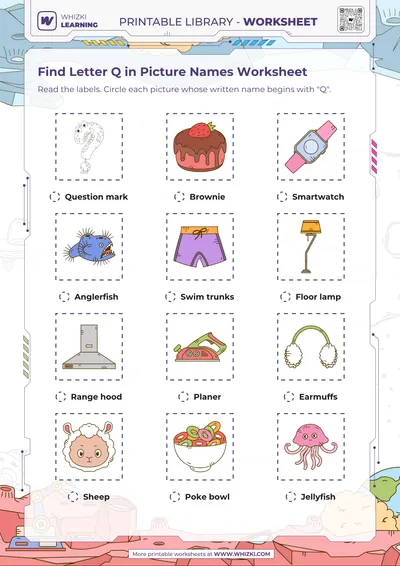 Find Letter Q in Picture Names Worksheet