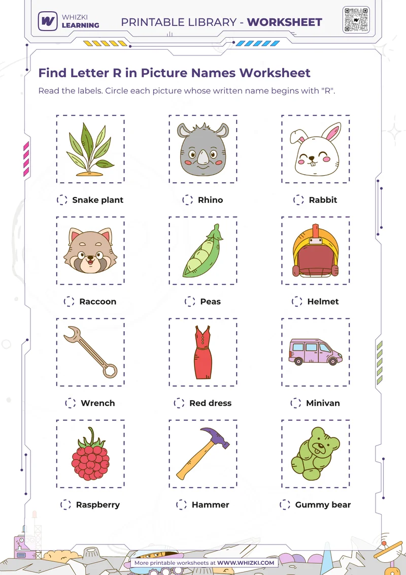 Find Letter R in Picture Names Worksheet